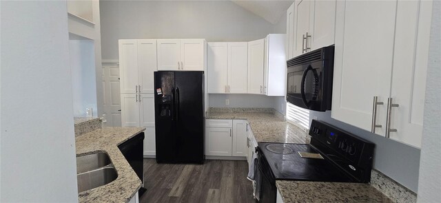 8612 Valley Ridge Ct, Orlando, FL 32818 - kitchen featuring black appliances, white cabinetry, a sink, light stone countertops, and dark wood-type flooring