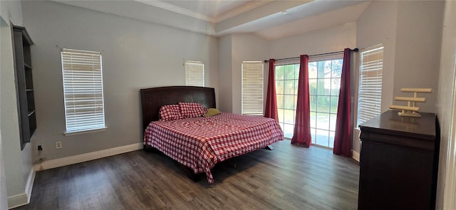 8612 Valley Ridge Ct, Orlando, FL 32818 - bedroom featuring crown molding, dark wood-type flooring, baseboards, and access to outside