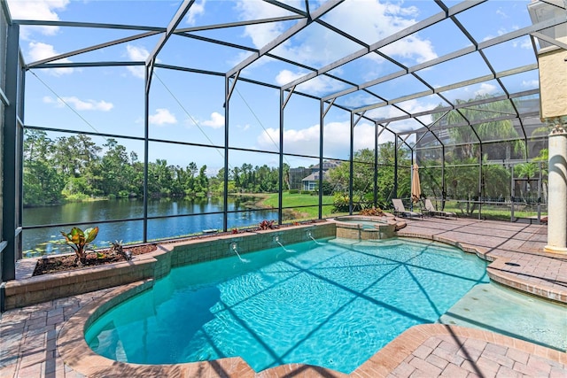 1070 Henley Downs Pl, Lake Mary, FL 32746 - view of swimming pool with a patio area, a pool with connected hot tub, a water view, glass enclosure, and view of scattered trees
