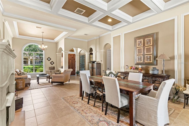 1070 Henley Downs Pl, Lake Mary, FL 32746 - dining room featuring ornate columns, crown molding, arched walkways, coffered ceiling, and beamed ceiling