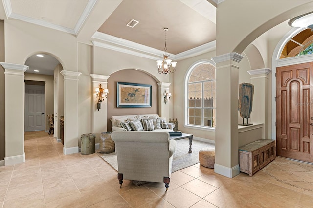 1070 Henley Downs Pl, Lake Mary, FL 32746 - living area featuring ornate columns, ornamental molding, baseboards, arched walkways, and light tile patterned floors