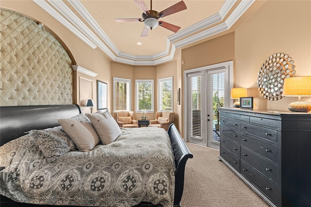 1070 Henley Downs Pl, Lake Mary, FL 32746 - bedroom featuring crown molding, access to exterior, light carpet, a raised ceiling, and arched walkways