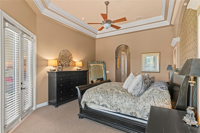 1070 Henley Downs Pl, Lake Mary, FL 32746 - bedroom featuring crown molding, a tray ceiling, carpet, access to outside, and a ceiling fan
