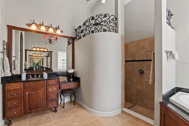 1070 Henley Downs Pl, Lake Mary, FL 32746 - full bathroom featuring a walk in shower, vanity, tile patterned flooring, a garden tub, and a high ceiling