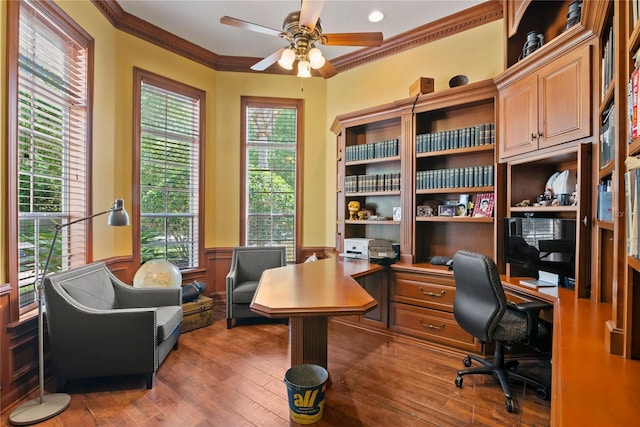 1070 Henley Downs Pl, Lake Mary, FL 32746 - office space featuring wainscoting, ceiling fan, crown molding, and dark wood finished floors
