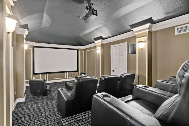 1070 Henley Downs Pl, Lake Mary, FL 32746 - home theater room with decorative columns, ornamental molding, dark colored carpet, lofted ceiling, and a textured ceiling