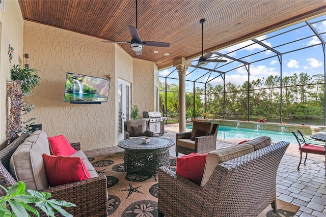 1070 Henley Downs Pl, Lake Mary, FL 32746 - view of patio / terrace with an outdoor hangout area, an outdoor pool, ceiling fan, and glass enclosure