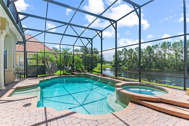 1070 Henley Downs Pl, Lake Mary, FL 32746 - view of swimming pool featuring a water view, a patio, a pool with connected hot tub, and a lanai