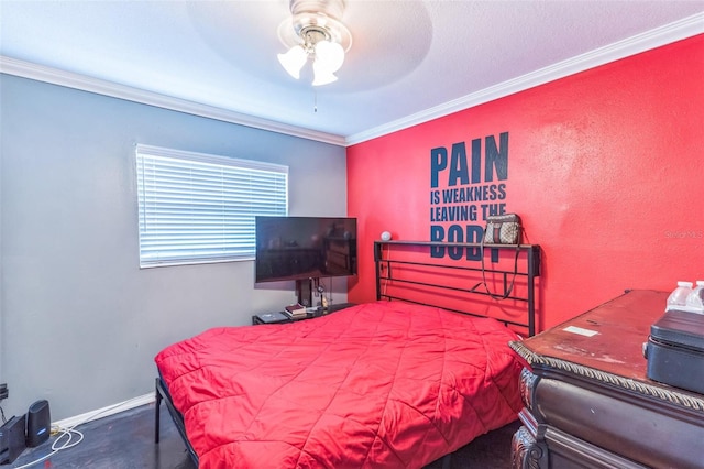 bedroom featuring ornamental molding and a ceiling fan
