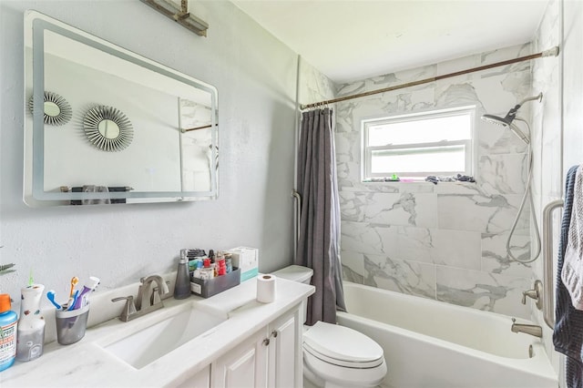full bath with toilet, shower / bathtub combination with curtain, and vanity