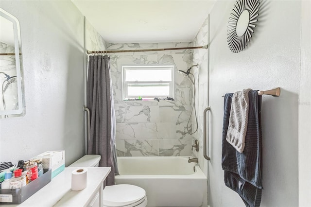 full bath featuring shower / bath combination with curtain, toilet, and vanity