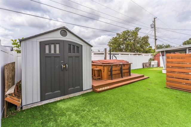 view of shed featuring a hot tub