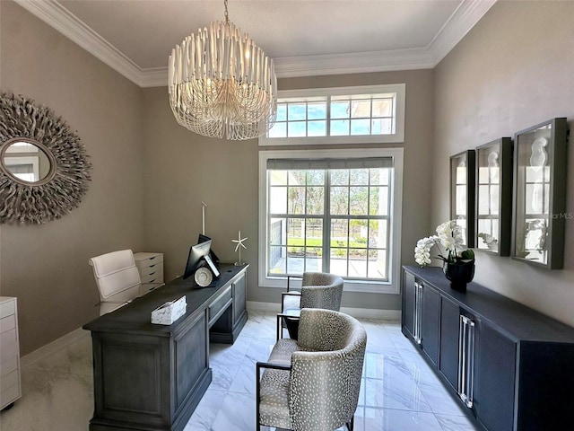 office space featuring a chandelier, plenty of natural light, light marble finish floors, crown molding, and baseboards