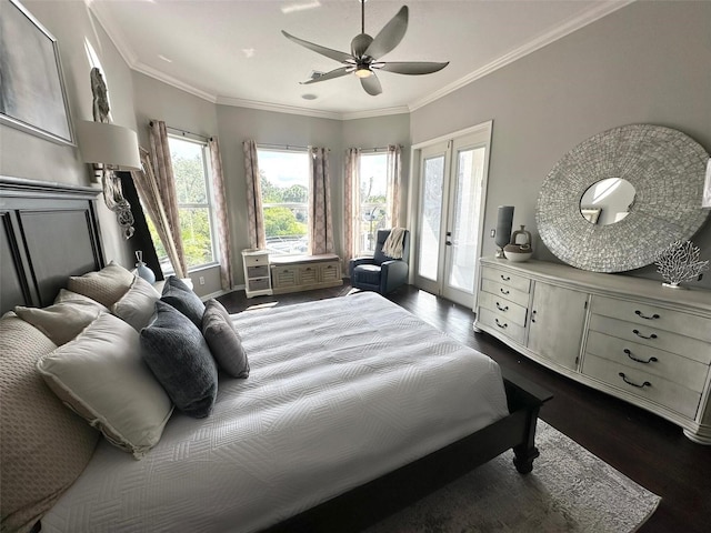 bedroom with access to exterior, dark wood-style floors, crown molding, french doors, and a ceiling fan