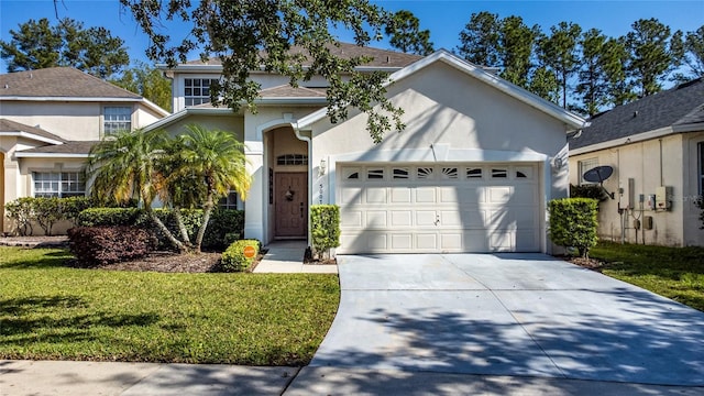 5007 Bellthorn Dr, Orlando, FL 32837 - view of front of house featuring an attached garage, concrete driveway, a front lawn, and stucco siding