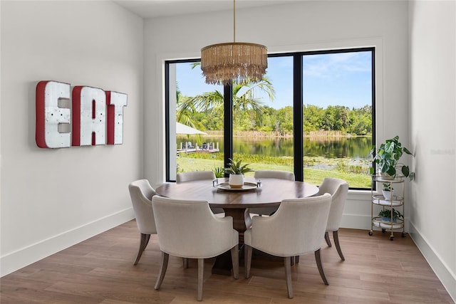 dining area featuring a chandelier, wood finished floors, baseboards, and healthy amount of natural light
