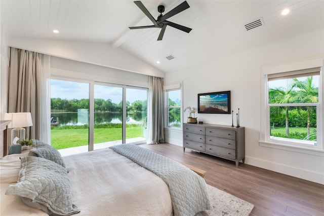 bedroom with baseboards, wood finished floors, ceiling fan, access to outside, and recessed lighting