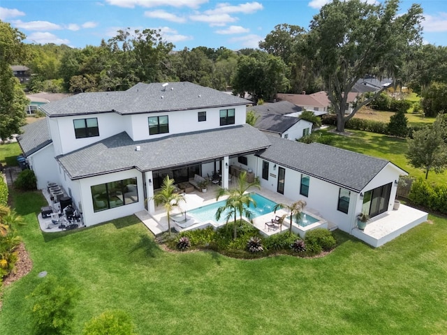 back of house with a patio, an outdoor hangout area, stucco siding, and a shingled roof