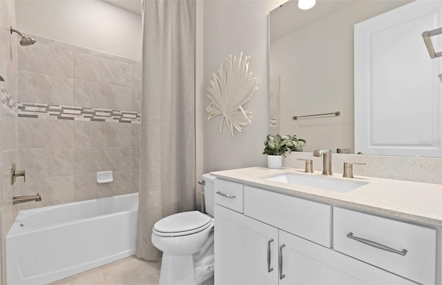 bathroom with toilet, shower / bath combination with curtain, vanity, and tile patterned floors