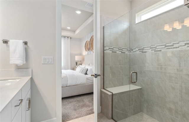 full bathroom with ensuite bath, a stall shower, vanity, recessed lighting, and tile patterned flooring