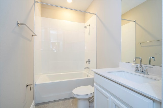 full bath featuring toilet,  shower combination, vanity, and tile patterned floors