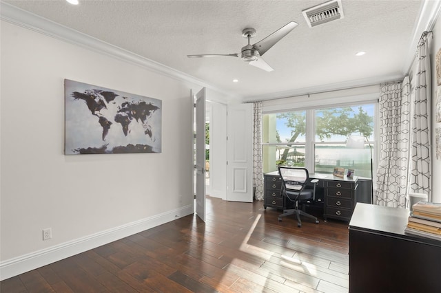 1455 Kelso Blvd, Windermere, FL 34786 - office area with ornamental molding, baseboards, hardwood / wood-style floors, a ceiling fan, and a textured ceiling