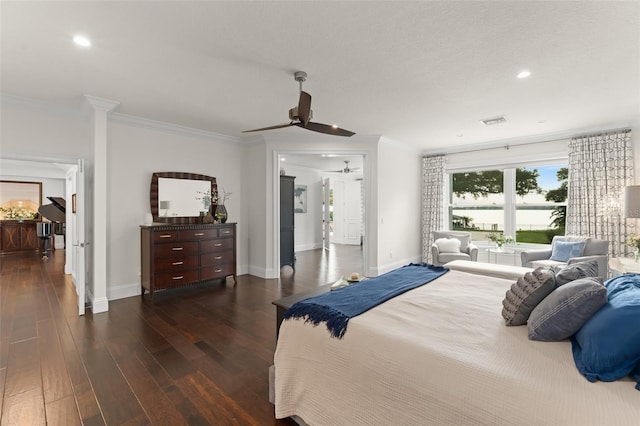 1455 Kelso Blvd, Windermere, FL 34786 - bedroom with crown molding, dark wood-style floors, baseboards, recessed lighting, and a ceiling fan