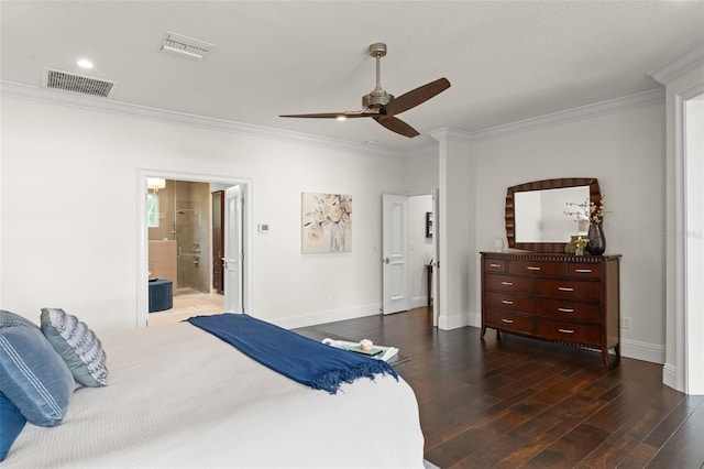 1455 Kelso Blvd, Windermere, FL 34786 - bedroom with ornamental molding, baseboards, wood finished floors, a ceiling fan, and connected bathroom