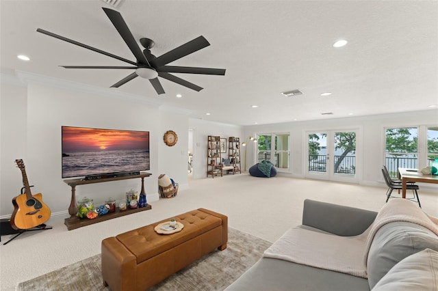1455 Kelso Blvd, Windermere, FL 34786 - living room featuring carpet floors, recessed lighting, crown molding, ceiling fan, and baseboards