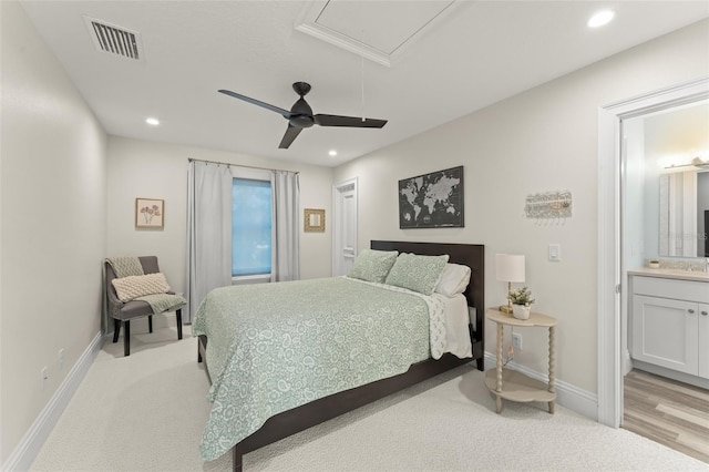 1455 Kelso Blvd, Windermere, FL 34786 - bedroom with attic access, baseboards, recessed lighting, ensuite bathroom, and ceiling fan