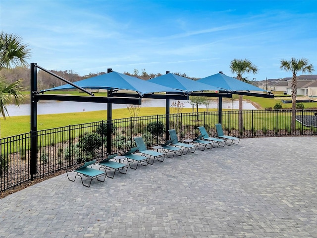 view of patio / terrace with a water view