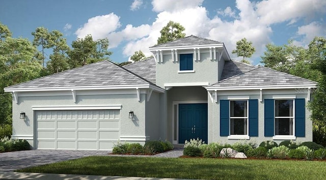 5658 Nevis Ter, Kissimmee, FL 34758 - view of front of property featuring a garage, decorative driveway, stucco siding, a high end roof, and a front yard