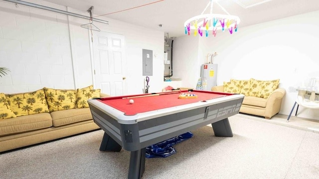 2805 Lido Key Ct, Kissimmee, FL 34747 - playroom featuring water heater, carpet floors, pool table, and electric panel