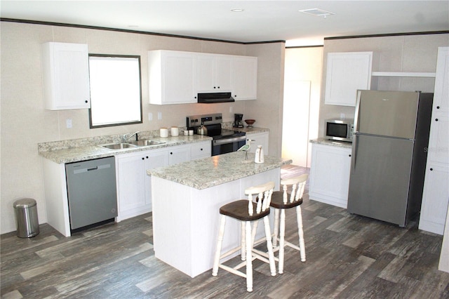 3790 NW 4th Ave, Okeechobee, FL 34972 - kitchen with appliances with stainless steel finishes, extractor fan, a sink, dark wood finished floors, and white cabinets