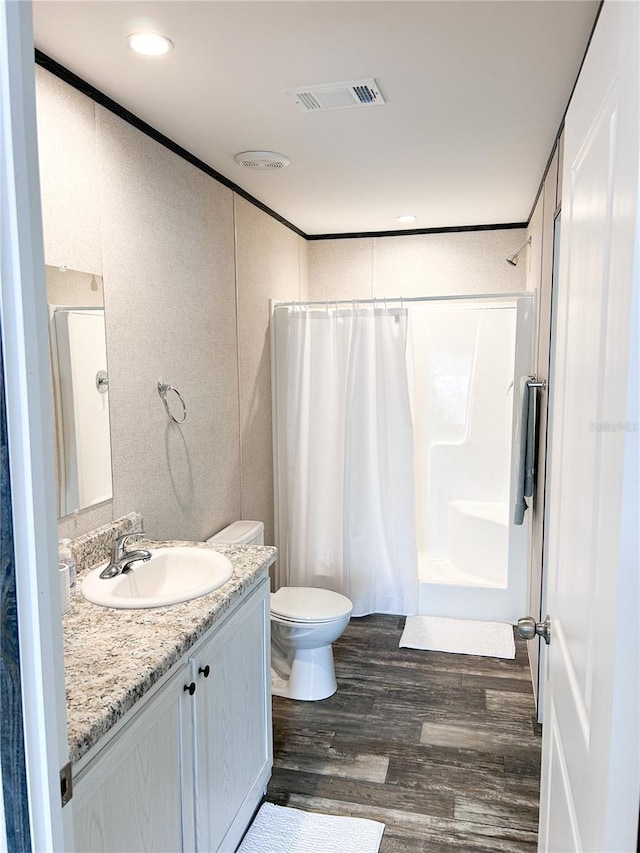 3790 NW 4th Ave, Okeechobee, FL 34972 - full bath with a shower with curtain, vanity, wood finished floors, and toilet