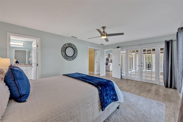 277 Sunrise Pt, Lake Mary, FL 32746 - bedroom featuring french doors, wood finished floors, access to outside, and a ceiling fan