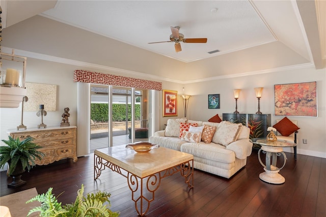 5973 Chesapeake Park Unit 58, Orlando, FL 32819 - living room with dark wood-style floors, a tray ceiling, and a ceiling fan