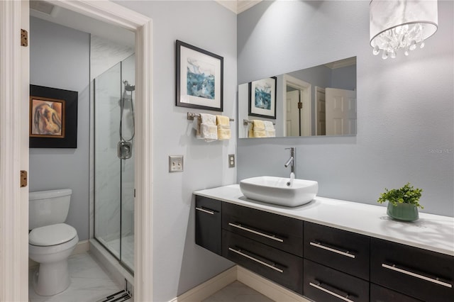 5973 Chesapeake Park Unit 58, Orlando, FL 32819 - bathroom featuring marble look tile flooring, vanity, a shower stall, and a chandelier