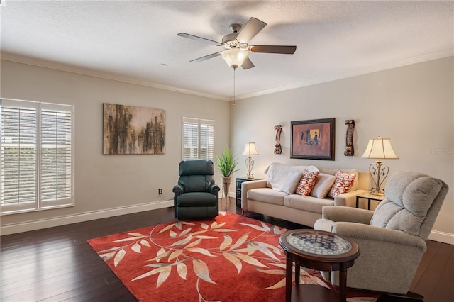 5973 Chesapeake Park Unit 58, Orlando, FL 32819 - living area with dark wood-type flooring, ceiling fan, crown molding, and a textured ceiling