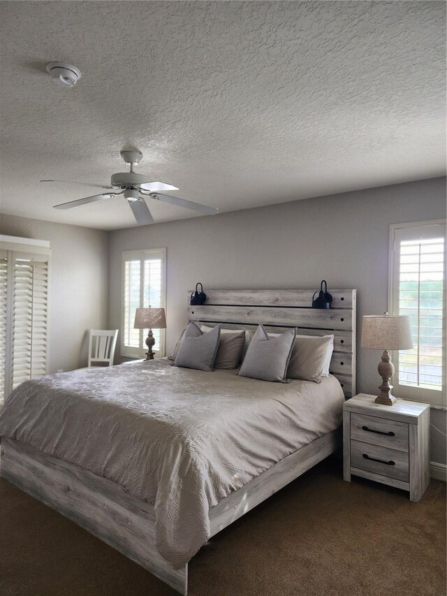 3500 Calabria Ave, Davenport, FL 33897 - bedroom with multiple windows, carpet, a ceiling fan, and a textured ceiling