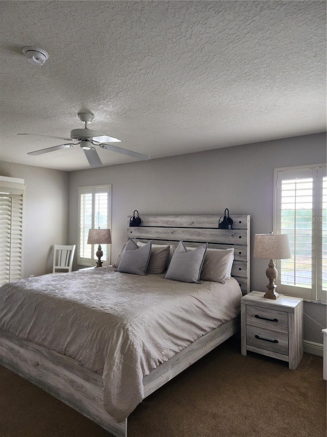 3500 Calabria Ave, Davenport, FL 33897 - bedroom with multiple windows, dark colored carpet, ceiling fan, and a textured ceiling