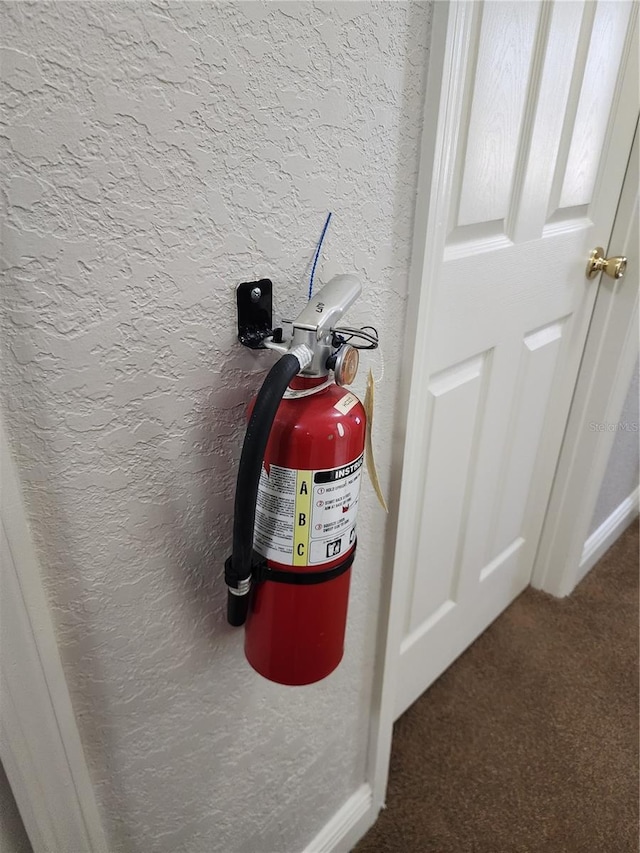3500 Calabria Ave, Davenport, FL 33897 - detailed view of carpet, a fire extinguisher, a textured wall, and baseboards