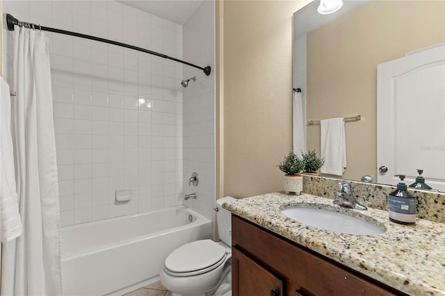 bathroom featuring shower / bath combination with curtain, toilet, and vanity
