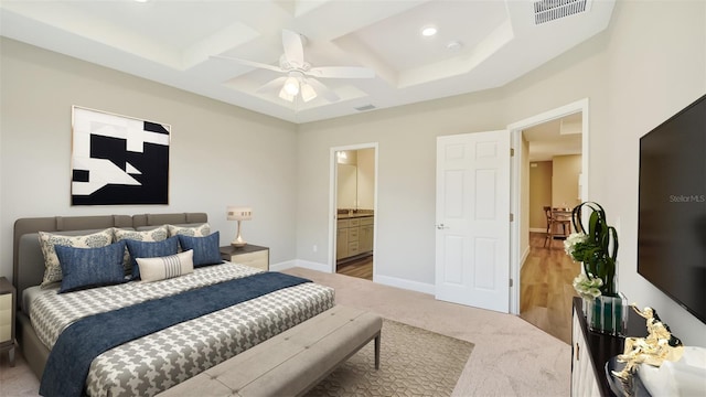 8560 Magnificent Ln, Groveland, FL 34736 - bedroom featuring coffered ceiling, carpet, beamed ceiling, connected bathroom, and a ceiling fan