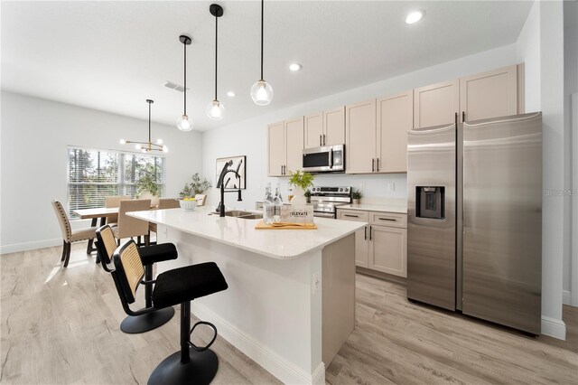 kitchen featuring stainless steel appliances, a sink, light countertops, light wood-style flooring, and recessed lighting