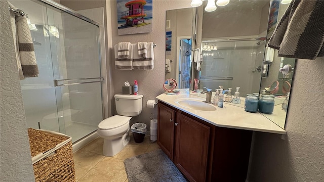 bathroom featuring a textured wall, tile patterned floors, a shower stall, toilet, and vanity