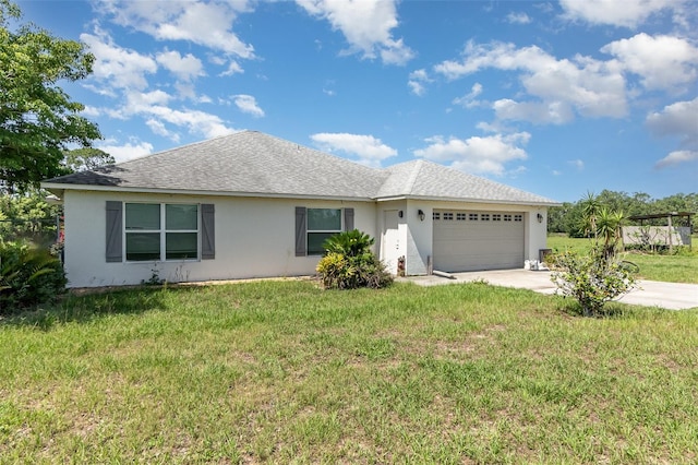 ranch-style home featuring stucco siding, a garage, concrete driveway, and a front yard