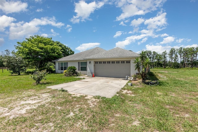 ranch-style house with driveway, a garage, stucco siding, a front lawn, and roof with shingles
