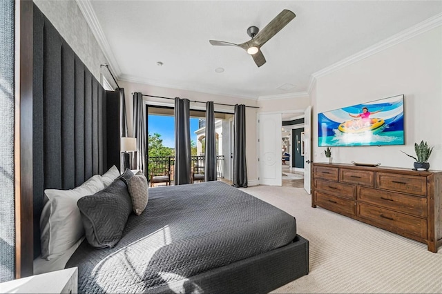 bedroom with light colored carpet, access to exterior, ornamental molding, ceiling fan, and baseboards