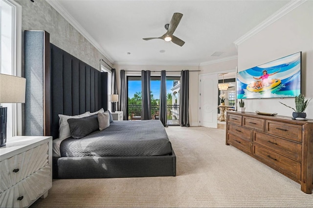 bedroom featuring light colored carpet, ornamental molding, and ceiling fan